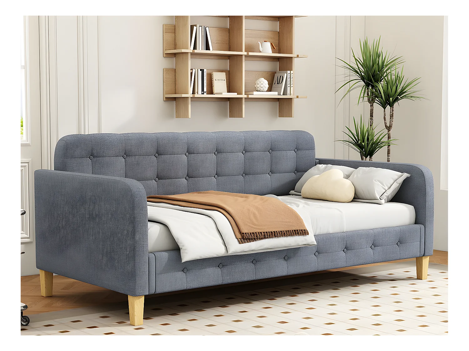 Lit banquette capitonné 90x200 cm - tissu en lin - Gris