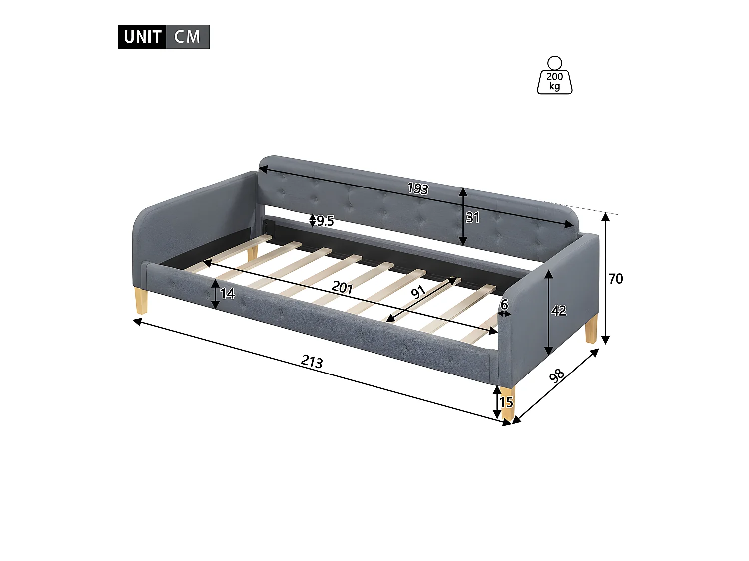 Diván tapizado 90x200 cm - tejido de lino - Gris