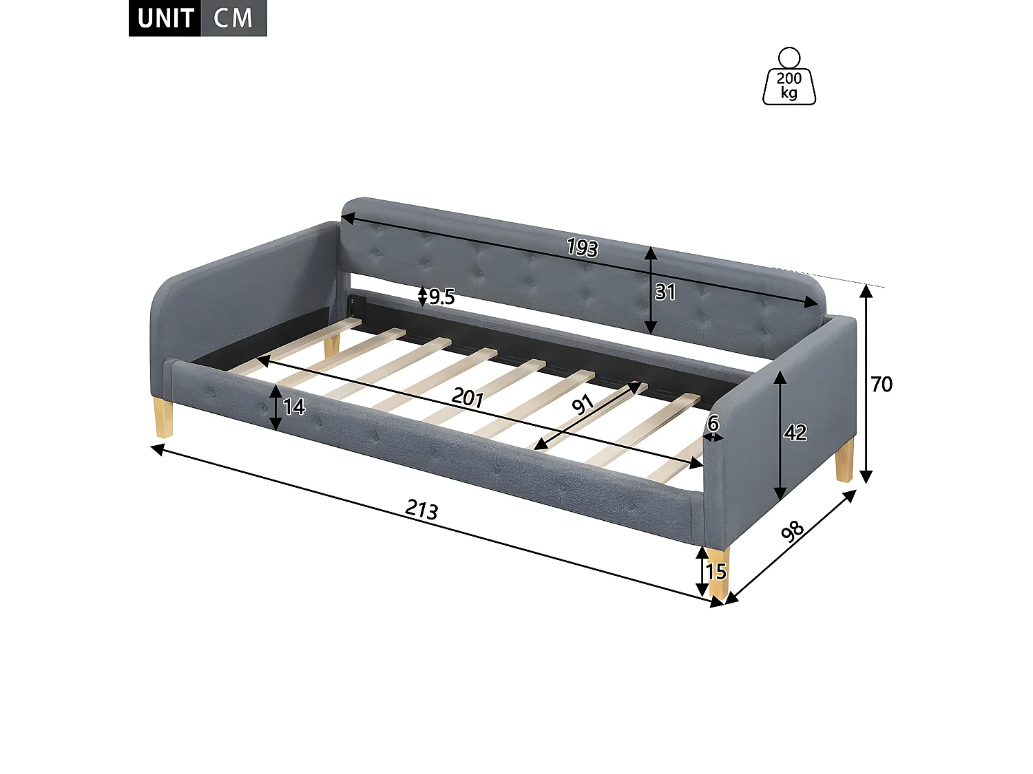 Gestoffeerd daybed 90x200 cm - linnen stof - Grijs