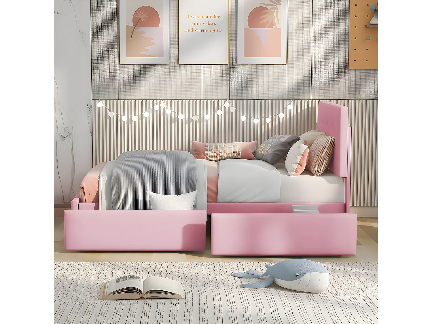 Cama tapizada de terciopelo 90x200cm - cama individual con 2 cajones y somier - Rosa