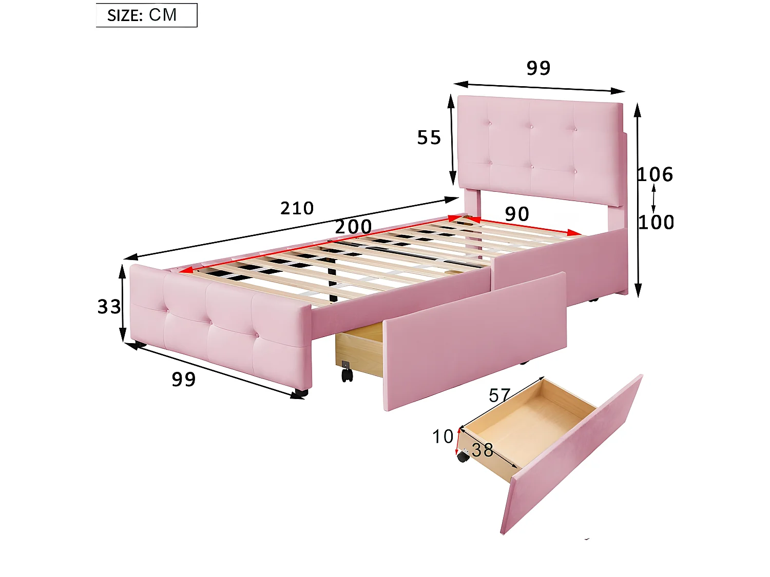 Cama tapizada de terciopelo 90x200cm - cama individual con 2 cajones y somier - Rosa
