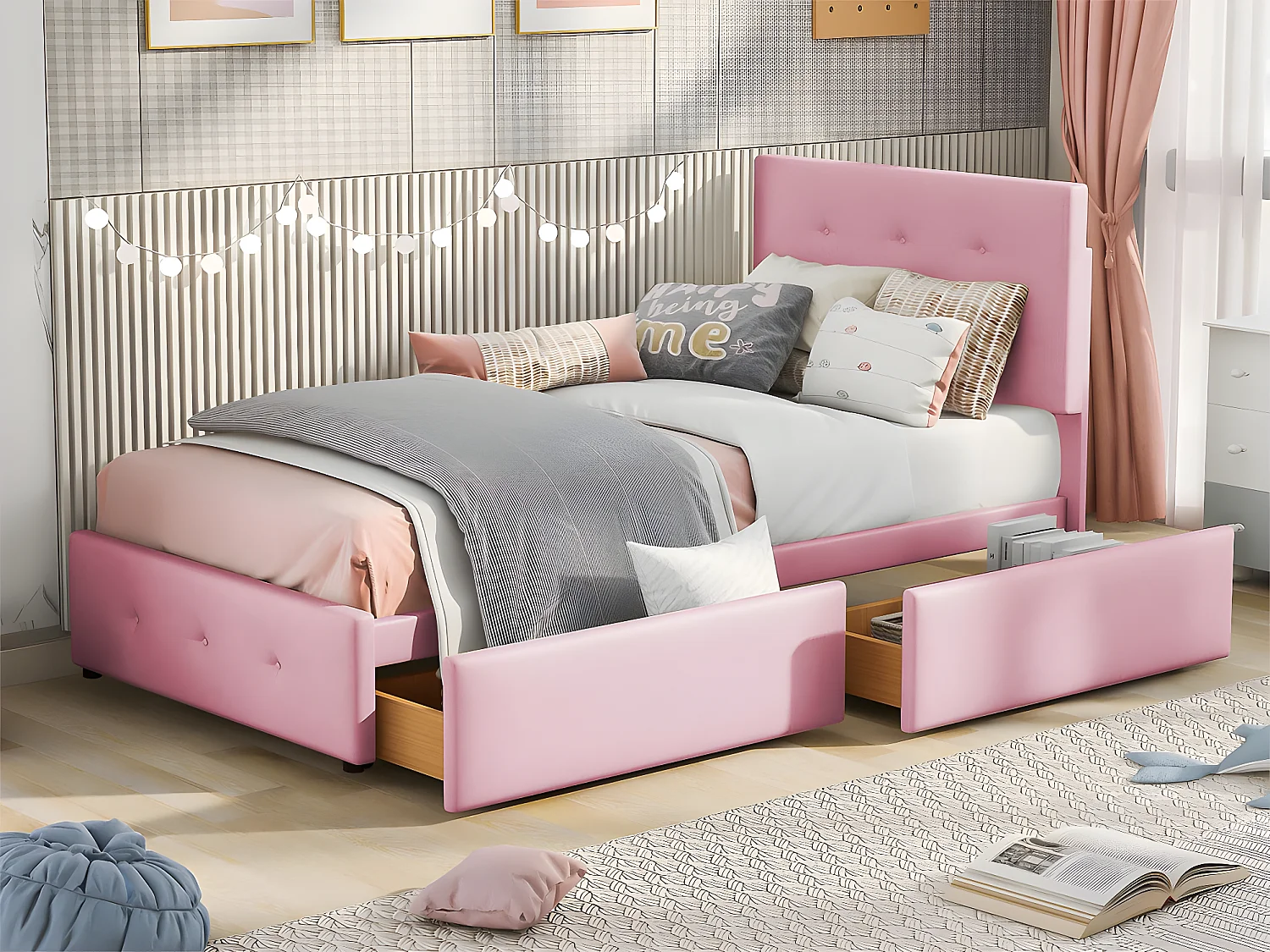 Letto imbottito in velluto 90x200 cm - letto singolo con 2 cassetti e rete a doghe - Rosa