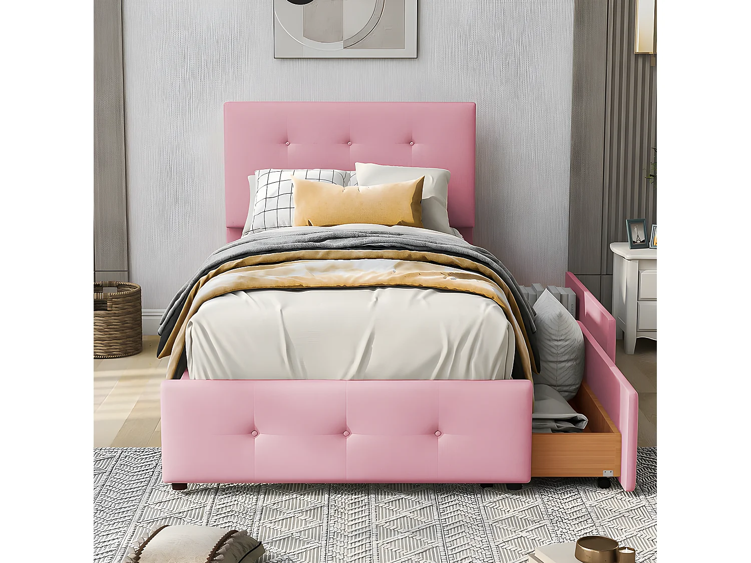 Letto imbottito in velluto 90x200 cm - letto singolo con 2 cassetti e rete a doghe - Rosa