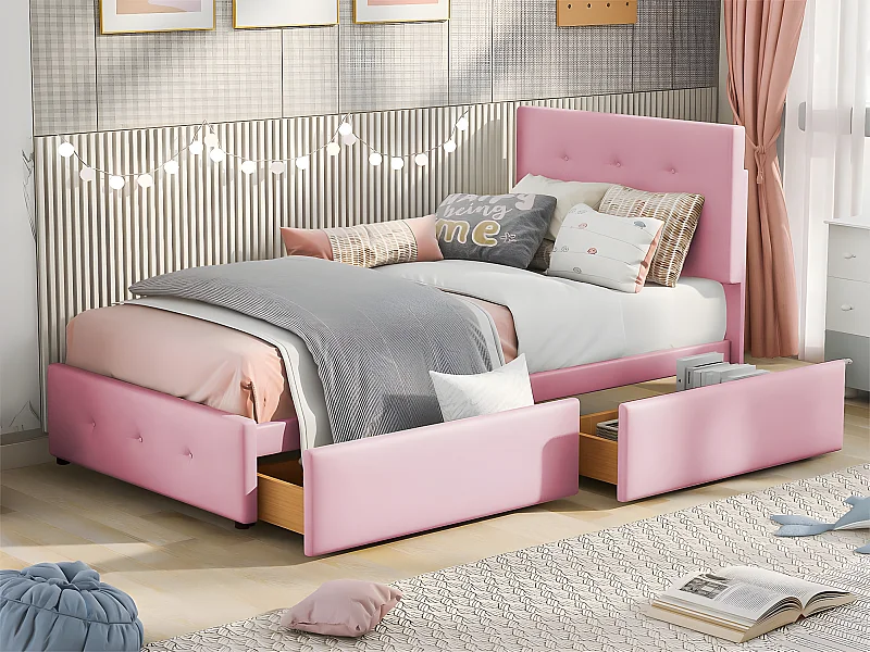 Gestoffeerd fluwelen bed 90x200cm - eenpersoonsbed met 2 lades en lattenbodem - Roze