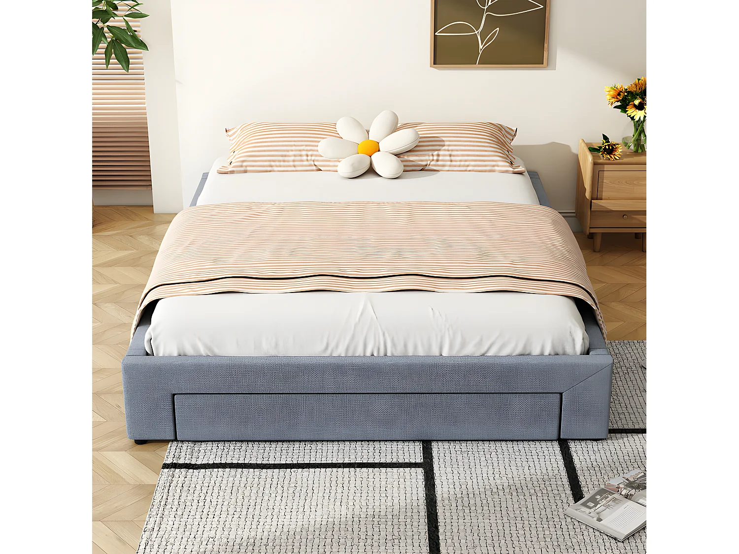 Lit double rembourré 160x200cm sans tête de lit - avec 3 tiroirs - Tissu en Lin - Gris