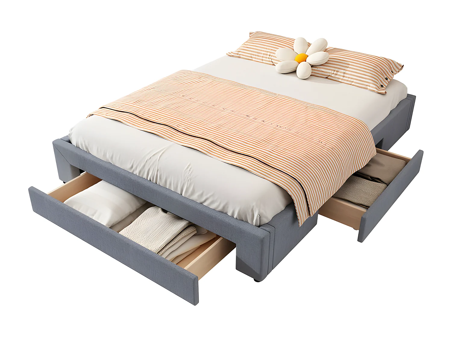 Lit double rembourré 160x200cm sans tête de lit - avec 3 tiroirs - Tissu en Lin - Gris