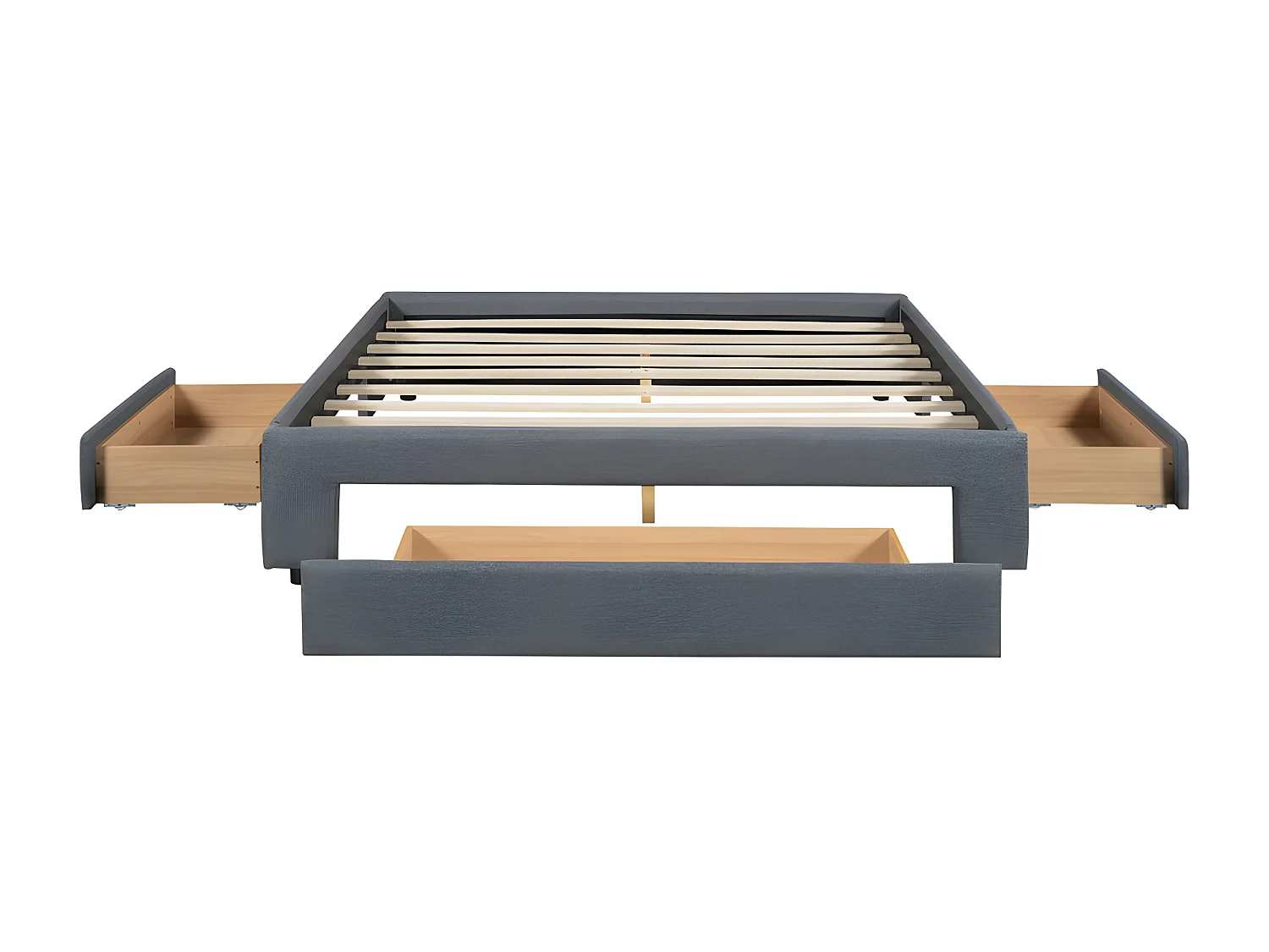 Lit double rembourré 160x200cm sans tête de lit - avec 3 tiroirs - Tissu en Lin - Gris