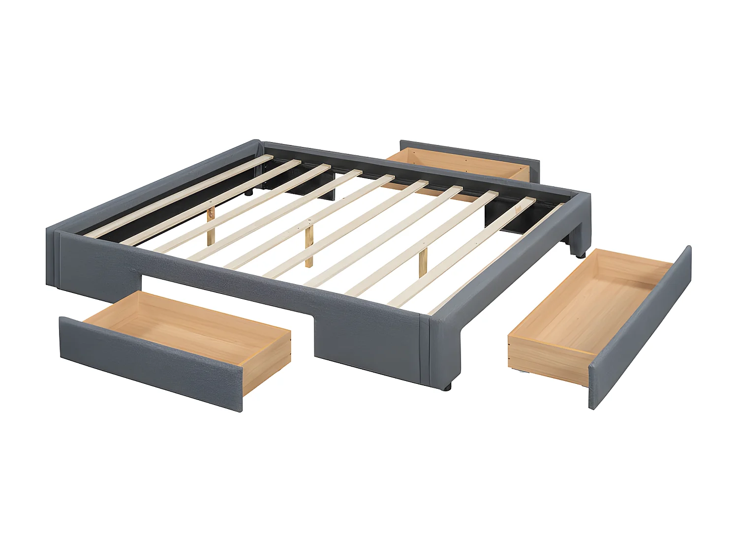 Lit double rembourré 160x200cm sans tête de lit - avec 3 tiroirs - Tissu en Lin - Gris