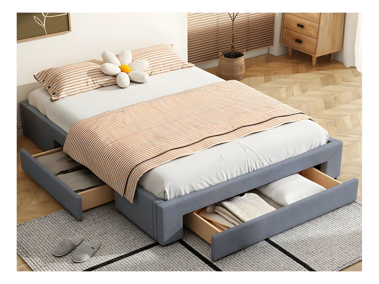 Gestoffeerd tweepersoonsbed 160x200cm zonder hoofdbord - met 3 lades - Linnen stof - Grijs