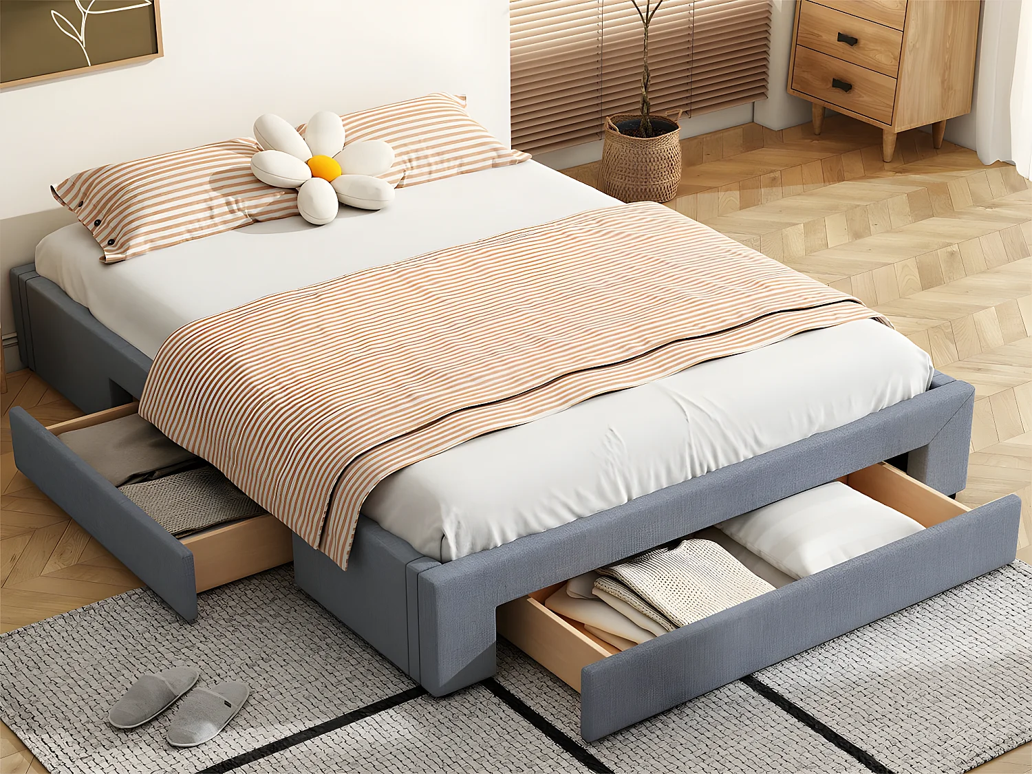 Lit double rembourré 160x200cm sans tête de lit - avec 3 tiroirs - Tissu en Lin - Gris