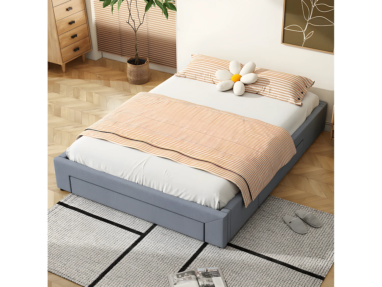 Lit double rembourré 160x200cm sans tête de lit - avec 3 tiroirs - Tissu en Lin - Gris