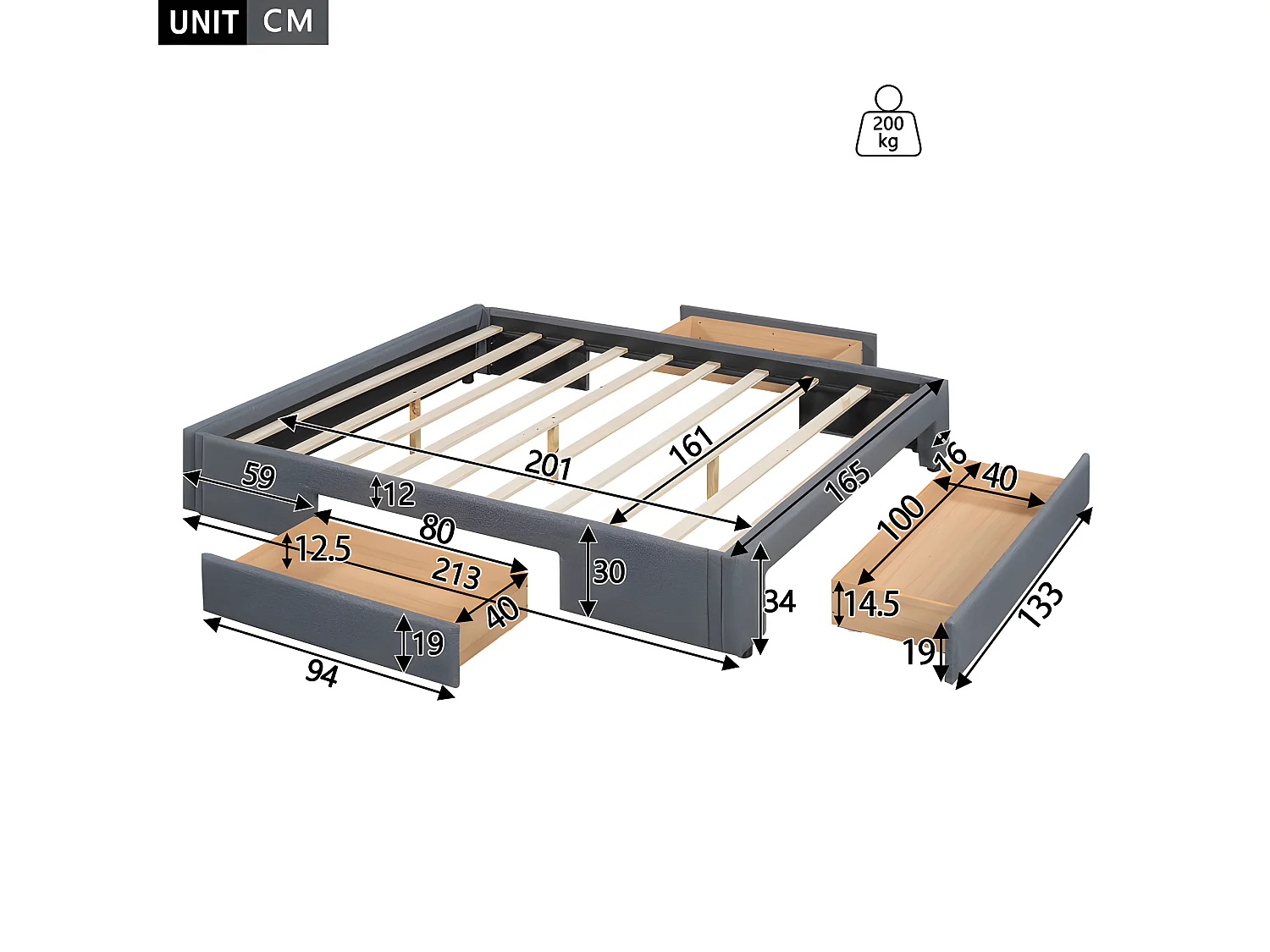 Lit double rembourré 160x200cm sans tête de lit - avec 3 tiroirs - Tissu en Lin - Gris