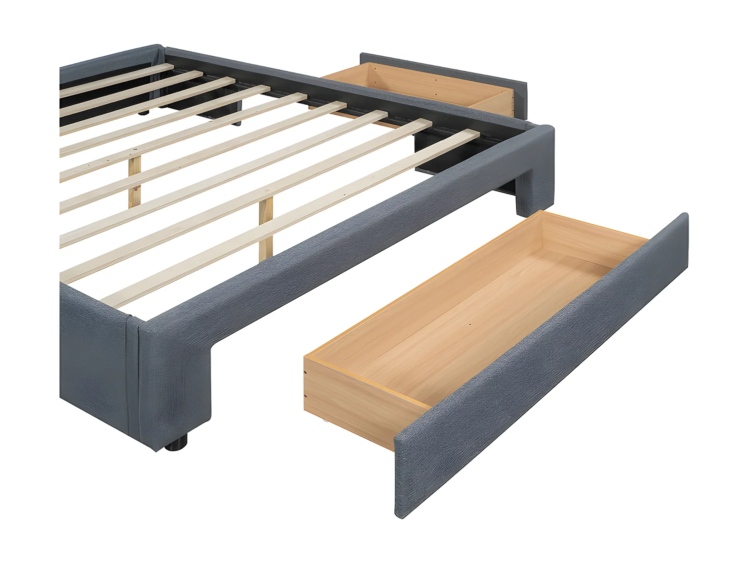 Lit double rembourré 160x200cm sans tête de lit - avec 3 tiroirs - Tissu en Lin - Gris