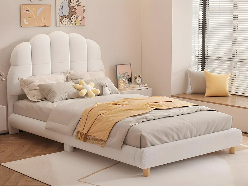 Einzelbett für Kinder, 90 x 200 cm, gepolstert mit Plüschstoff – mit MDF-Lattenrost – Beige