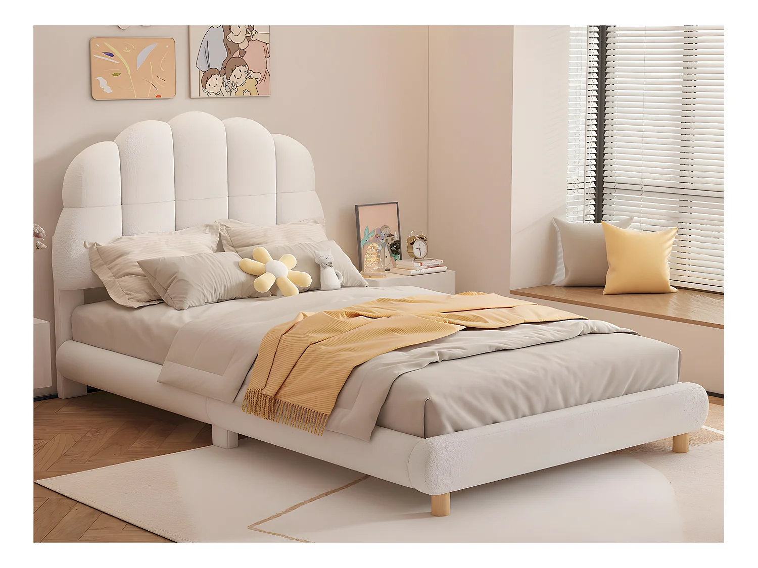 Einzelbett für Kinder, 90 x 200 cm, gepolstert mit Plüschstoff – mit MDF-Lattenrost – Beige