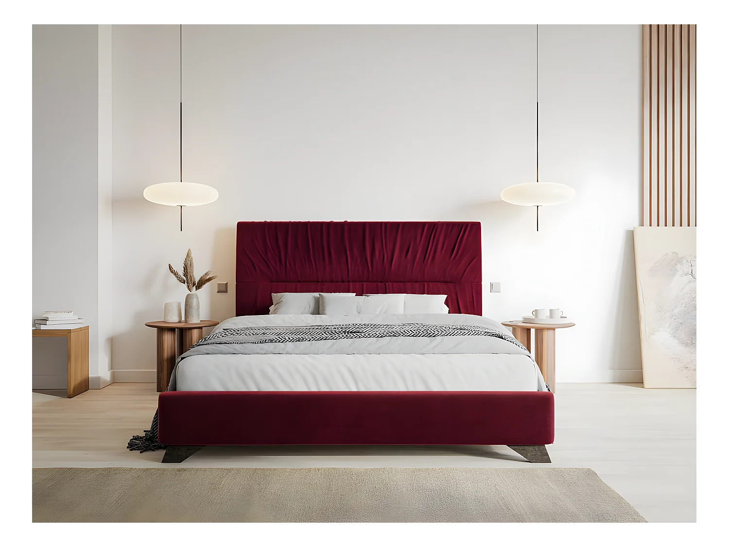 Lit rembourré - 160x200 cm - velours bordeaux - LLANA