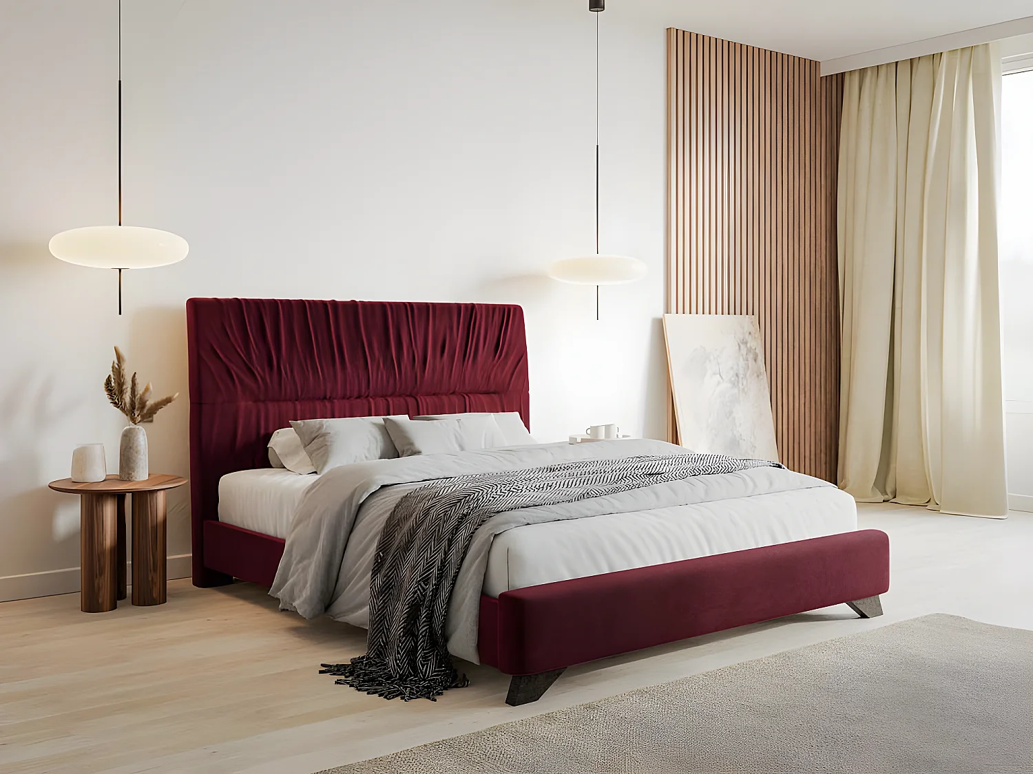 Lit rembourré - 160x200 cm - velours bordeaux - LLANA