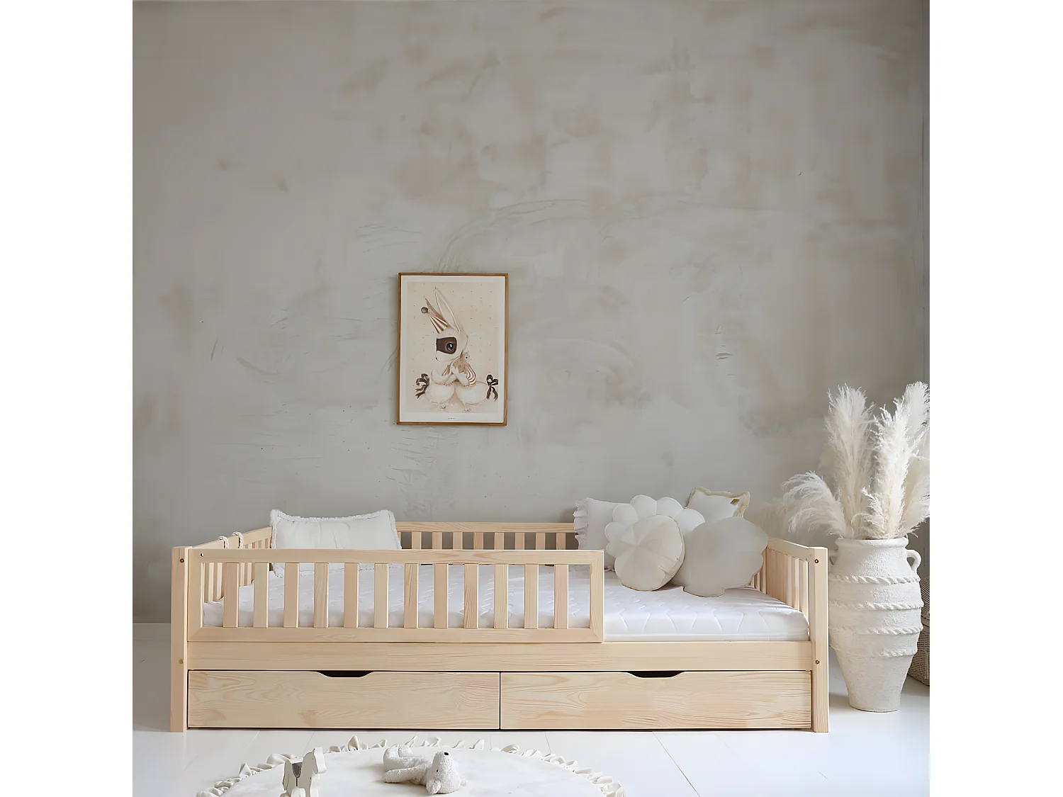 Letto a barriera 140x200 con rete e cassetti Agnès Bois