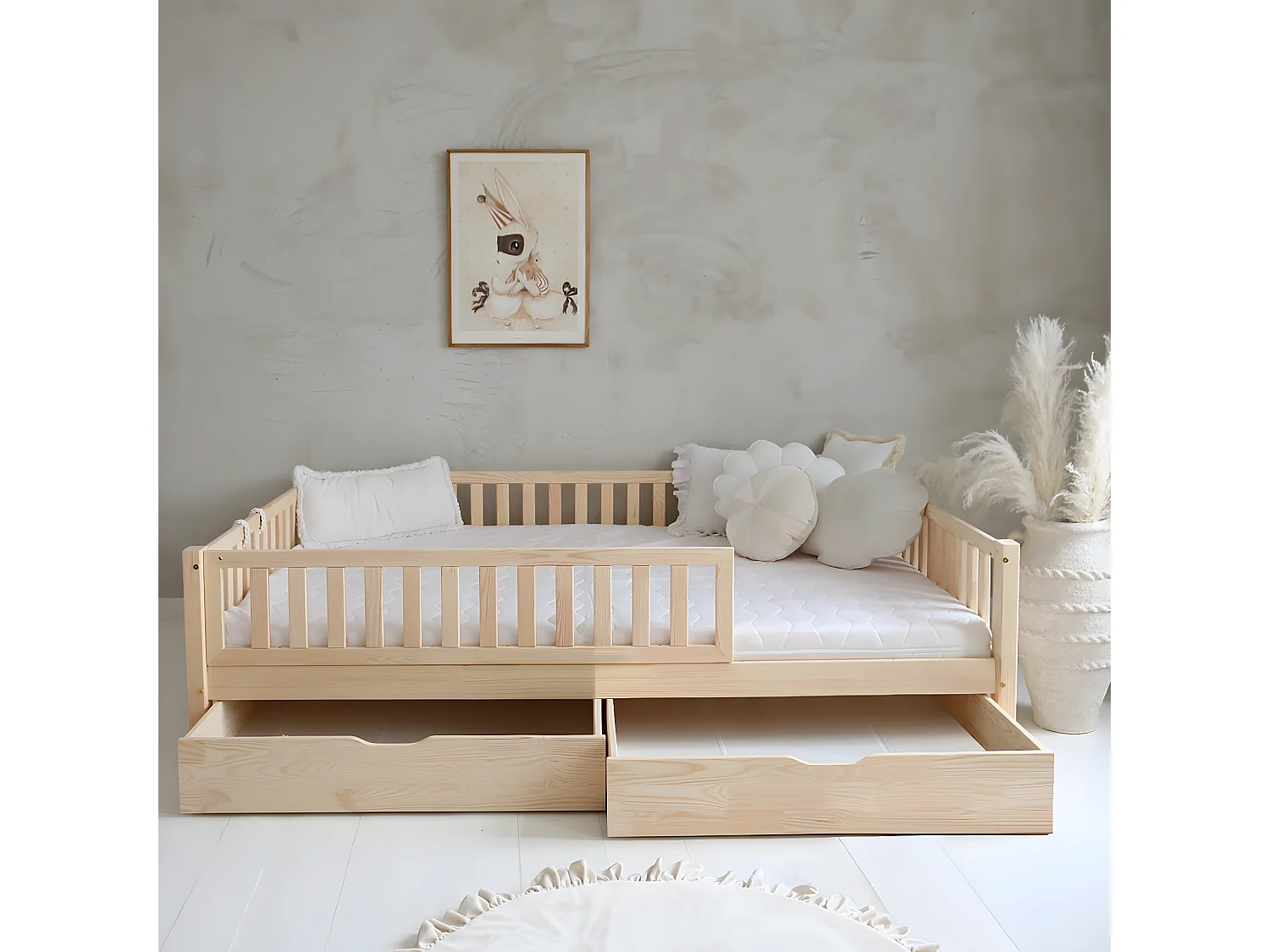 Letto a barriera 140x200 con rete e cassetti Agnès Bois