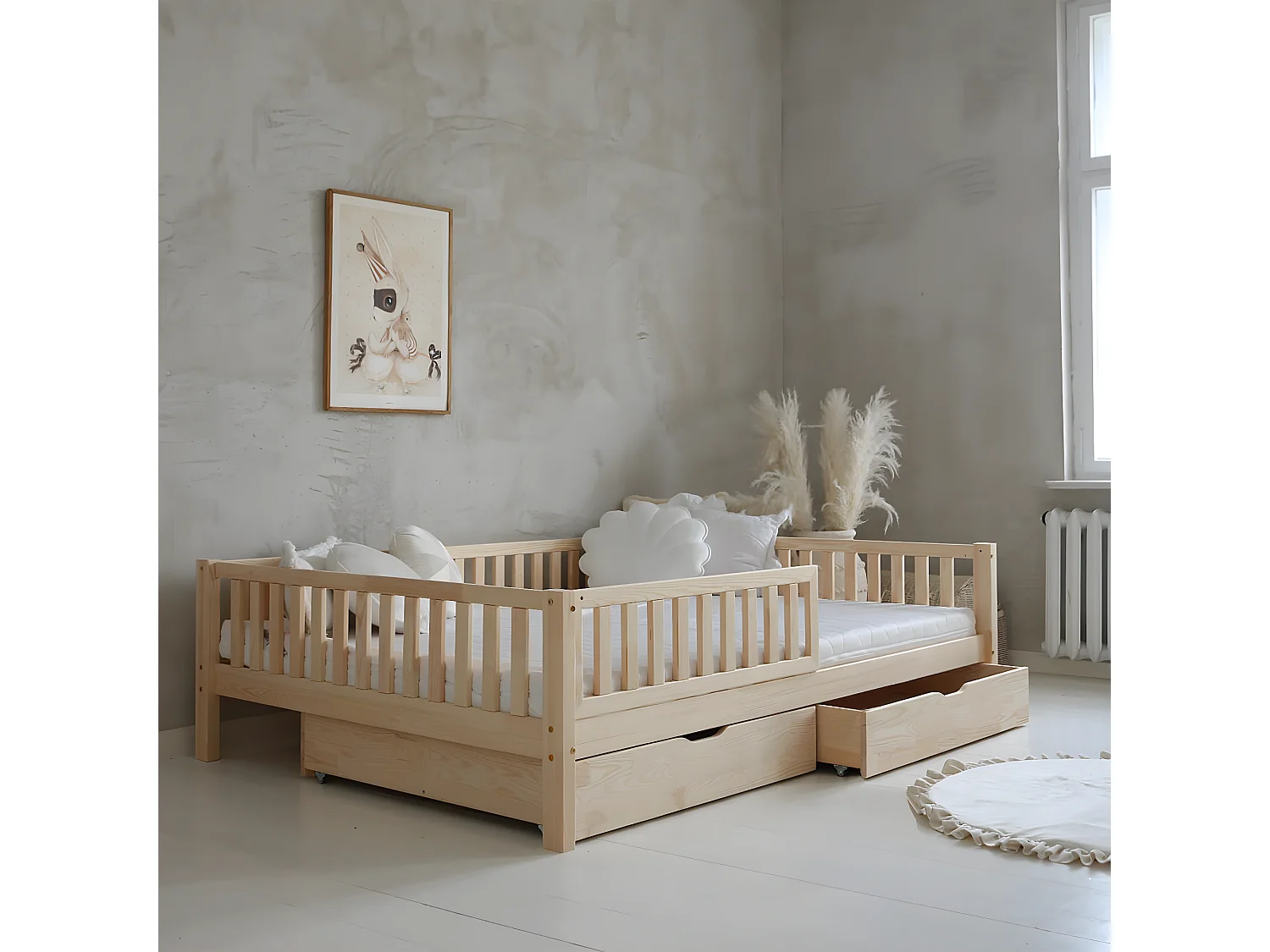 Letto a barriera 140x200 con rete e cassetti Agnès Bois