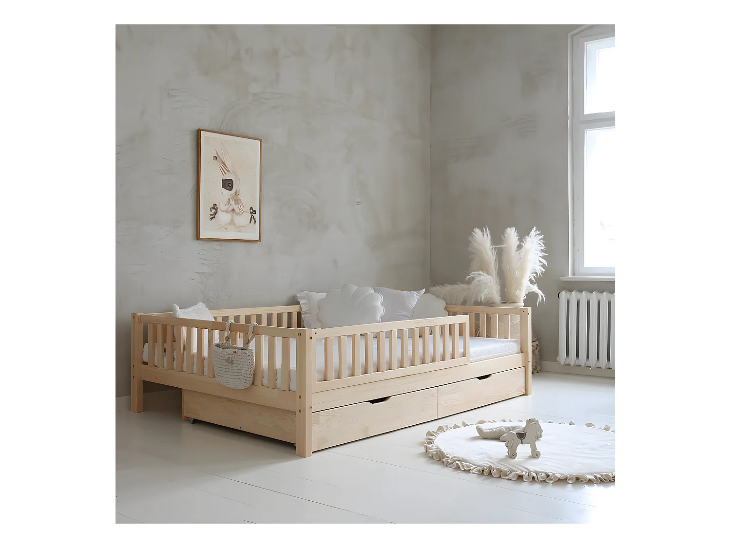 Lit 140x200 barrière sommier et tiroirs inclus Agnès Bois