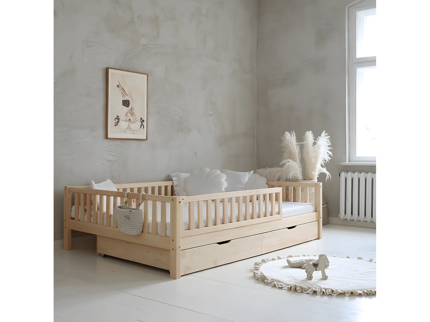 Cama de barreira 140x200 com estrado de molas e gavetas Agnès Bois