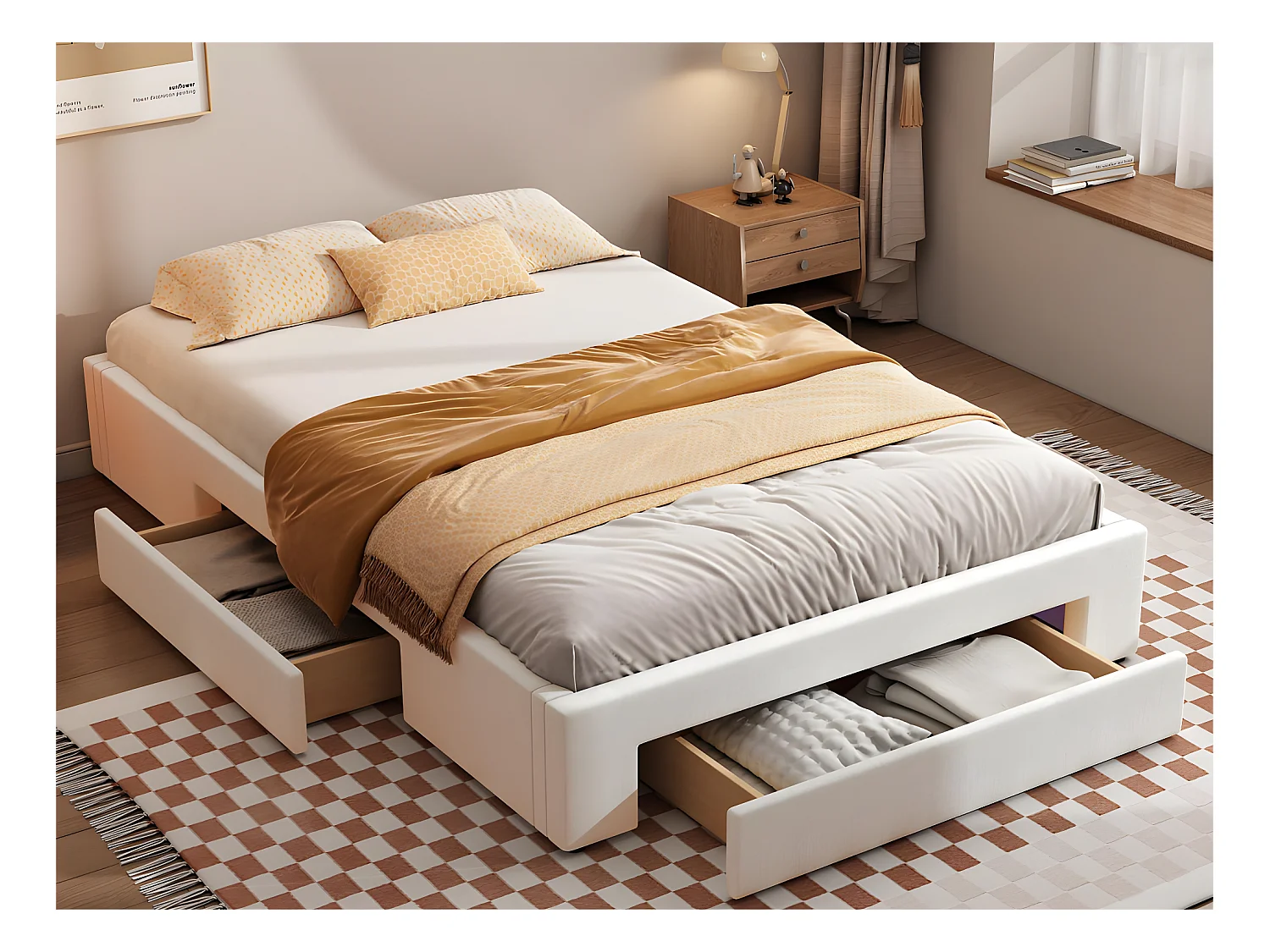 Cama doble tapizada 140x200cm sin cabecero - con 3 cajones - Tela de Lino - Beige