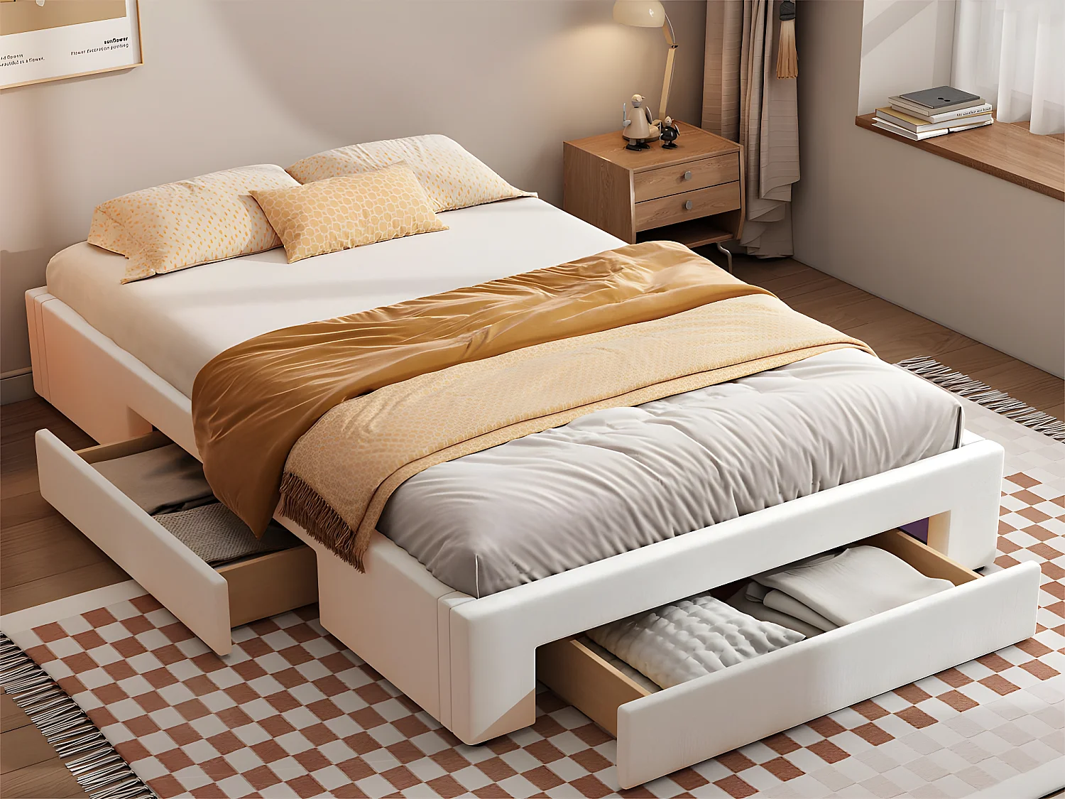 Gestoffeerd tweepersoonsbed 140x200cm zonder hoofdbord - met 3 lades - Linnen stof - Beige