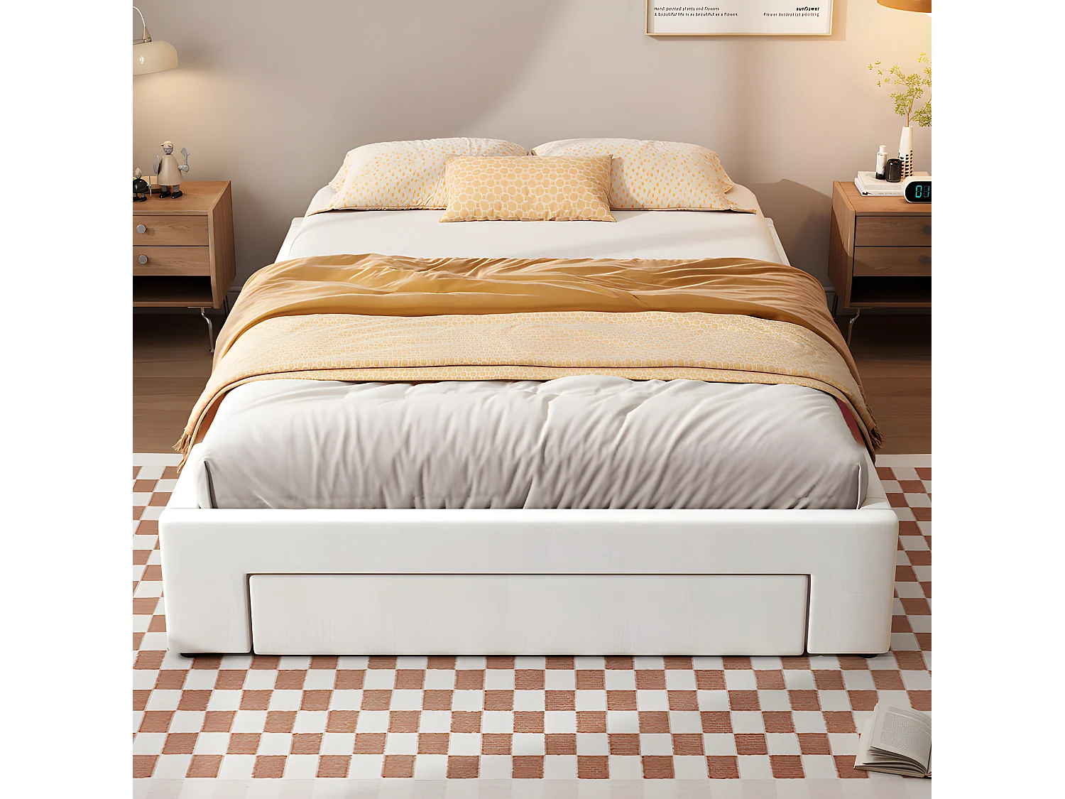 Gestoffeerd tweepersoonsbed 140x200cm zonder hoofdbord - met 3 lades - Linnen stof - Beige