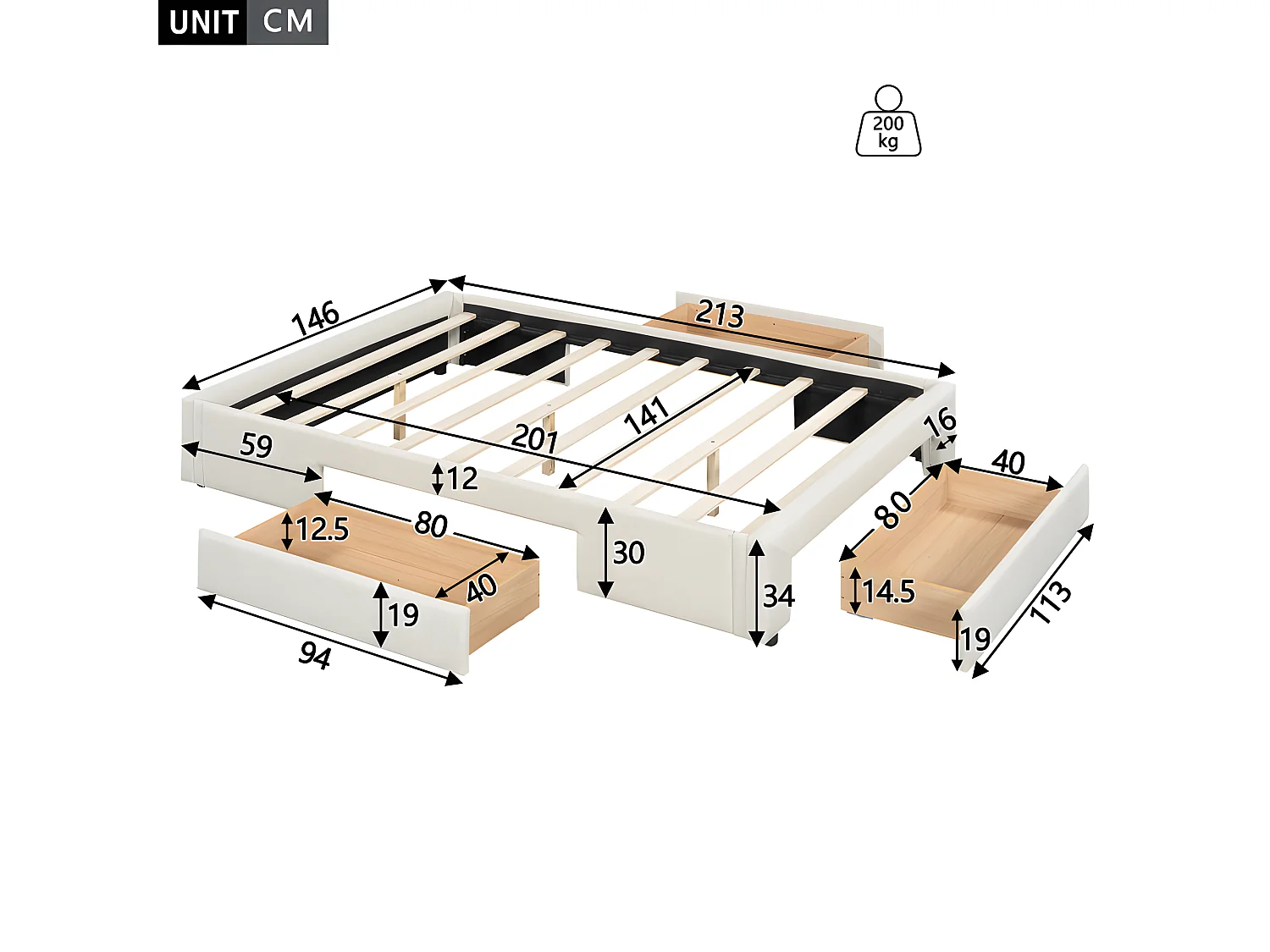 Gestoffeerd tweepersoonsbed 140x200cm zonder hoofdbord - met 3 lades - Linnen stof - Beige