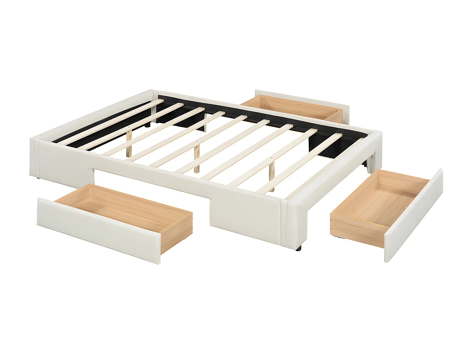 Gestoffeerd tweepersoonsbed 140x200cm zonder hoofdbord - met 3 lades - Linnen stof - Beige