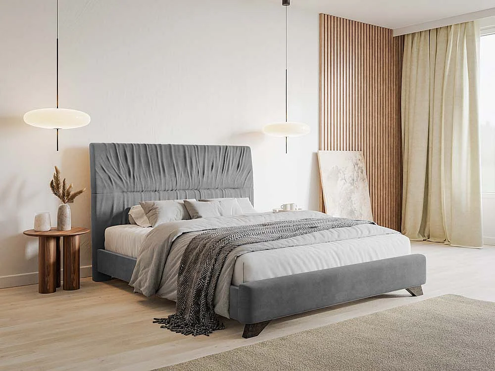 Lit rembourré - 160x200 cm - velours gris - LLANA