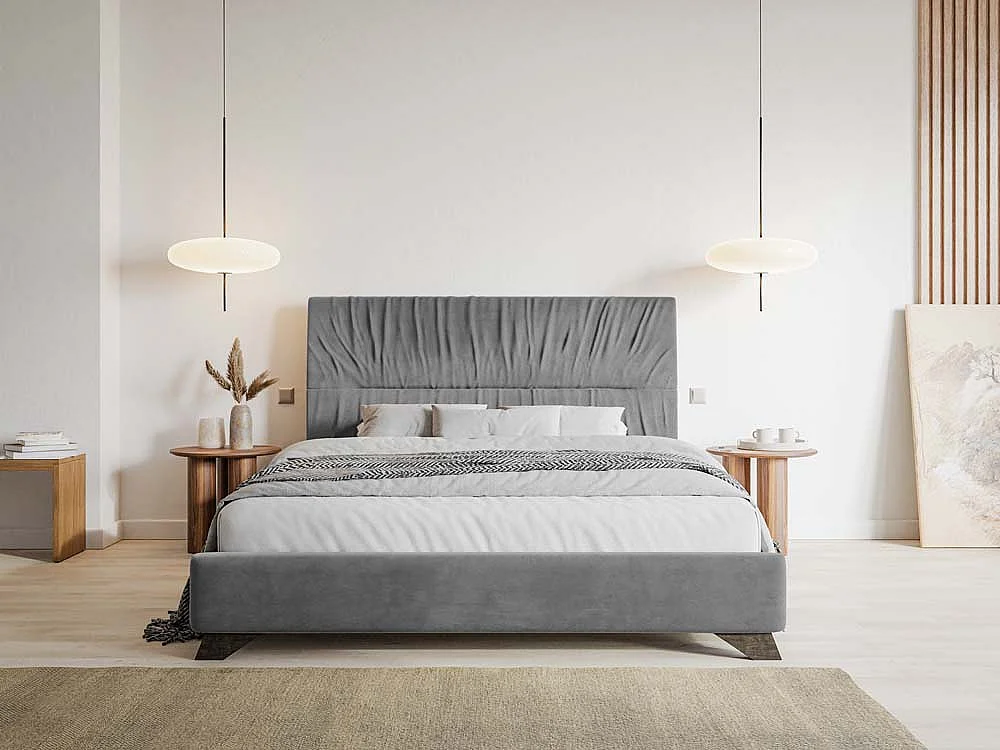 Lit rembourré -- 160x200 cm - velours gris - LLANA