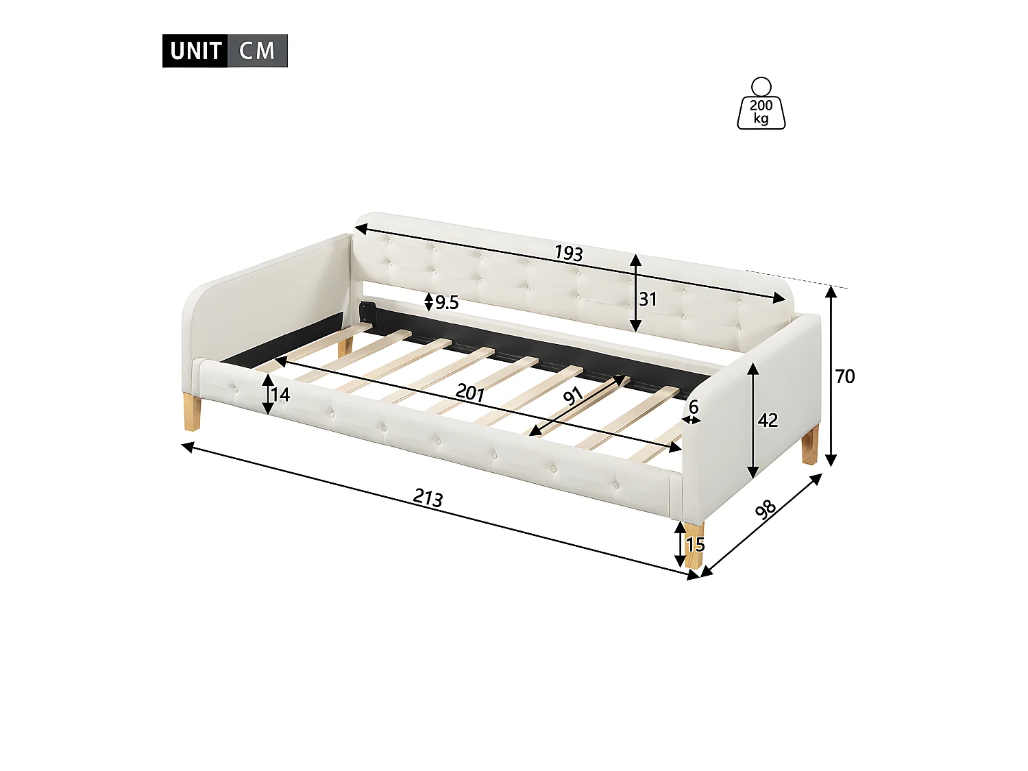 Gestoffeerd daybed 90x200 cm - linnen stof - Beige