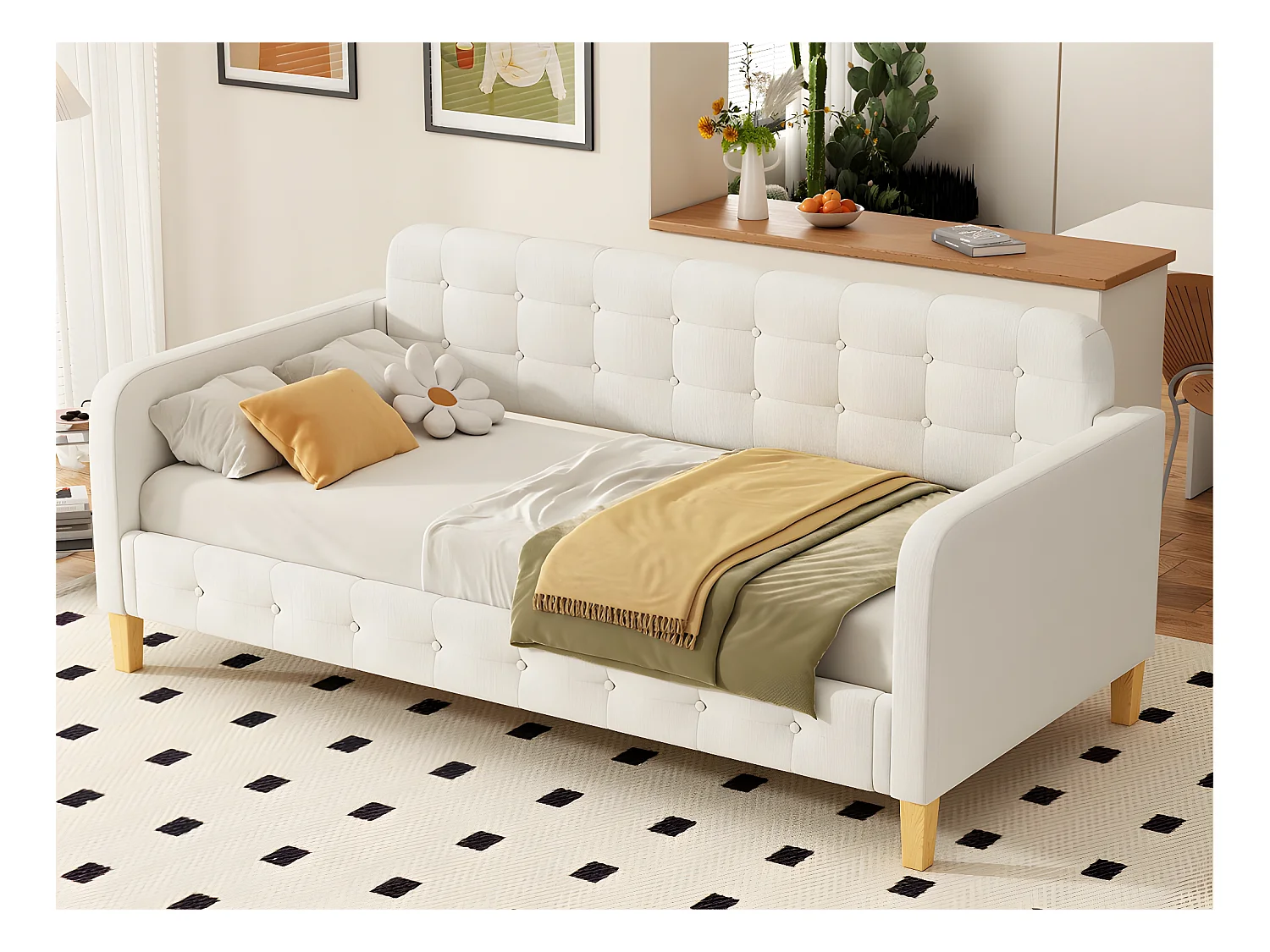 Lit banquette capitonné 90x200 cm - tissu en lin - Beige