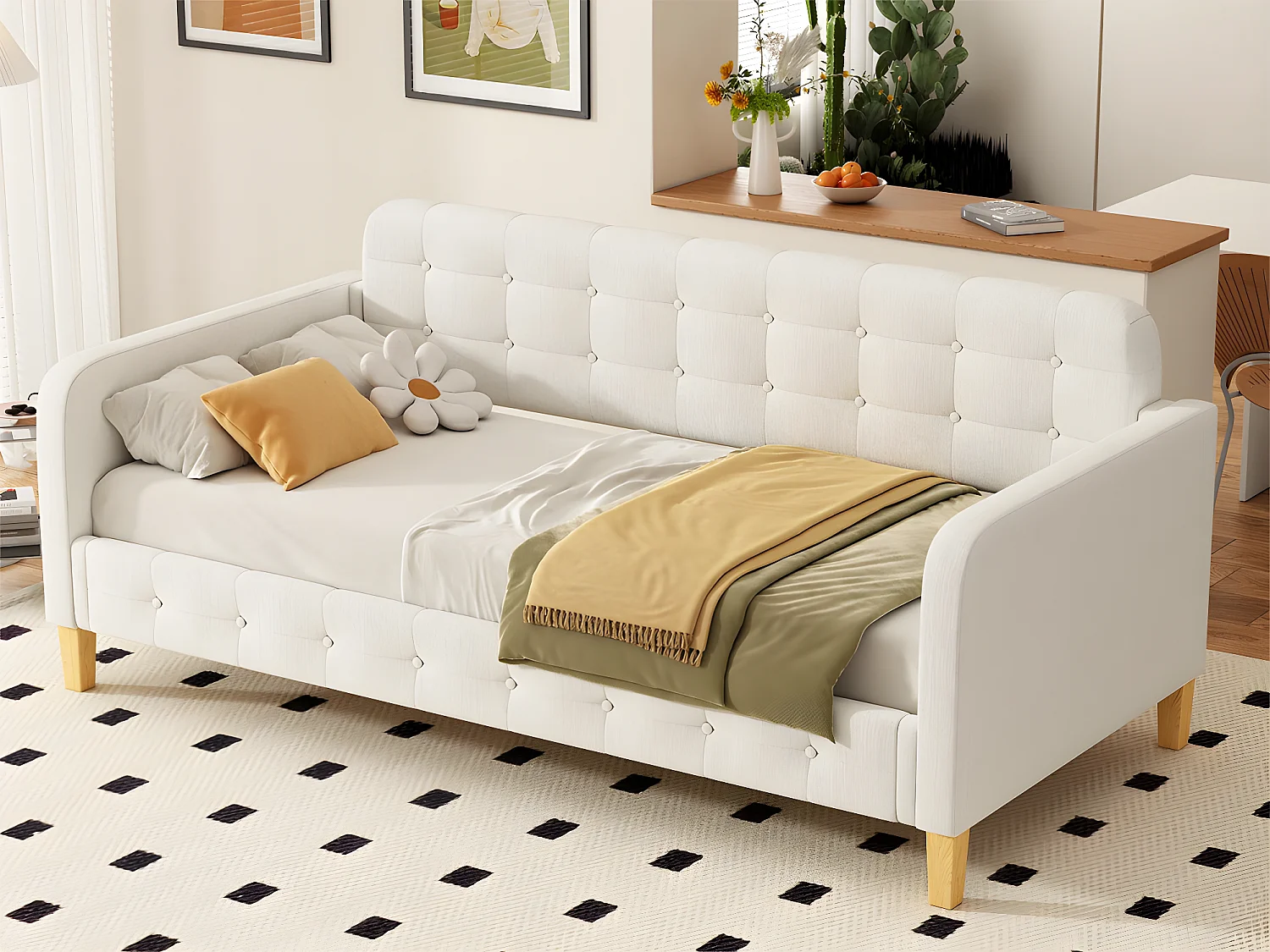 Lit banquette capitonné 90x200 cm - tissu en lin - Beige