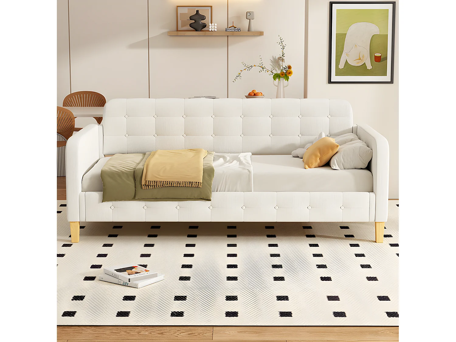 Lit banquette capitonné 90x200 cm - tissu en lin - Beige