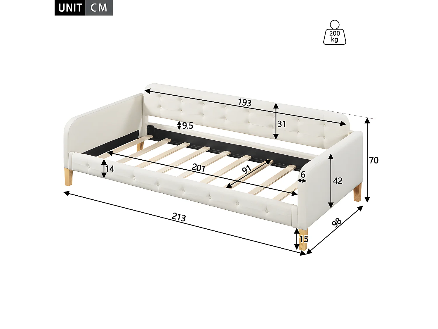 Lit banquette capitonné 90x200 cm - tissu en lin - Beige