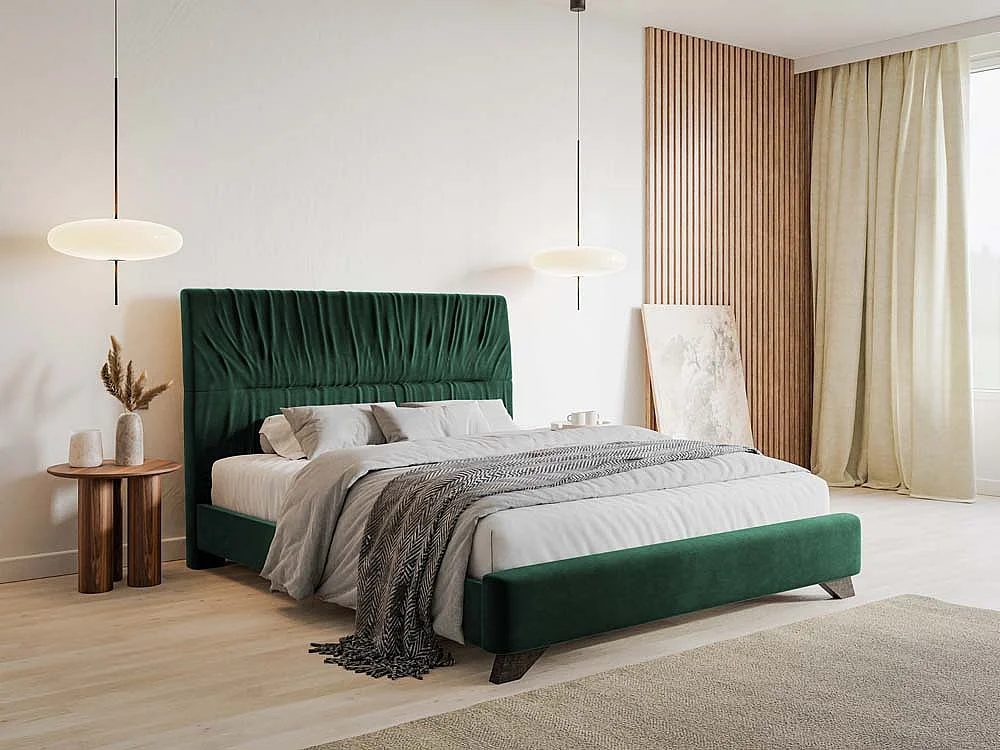 Lit rembourré - 160x200 cm - velours vert foncé - LLANA