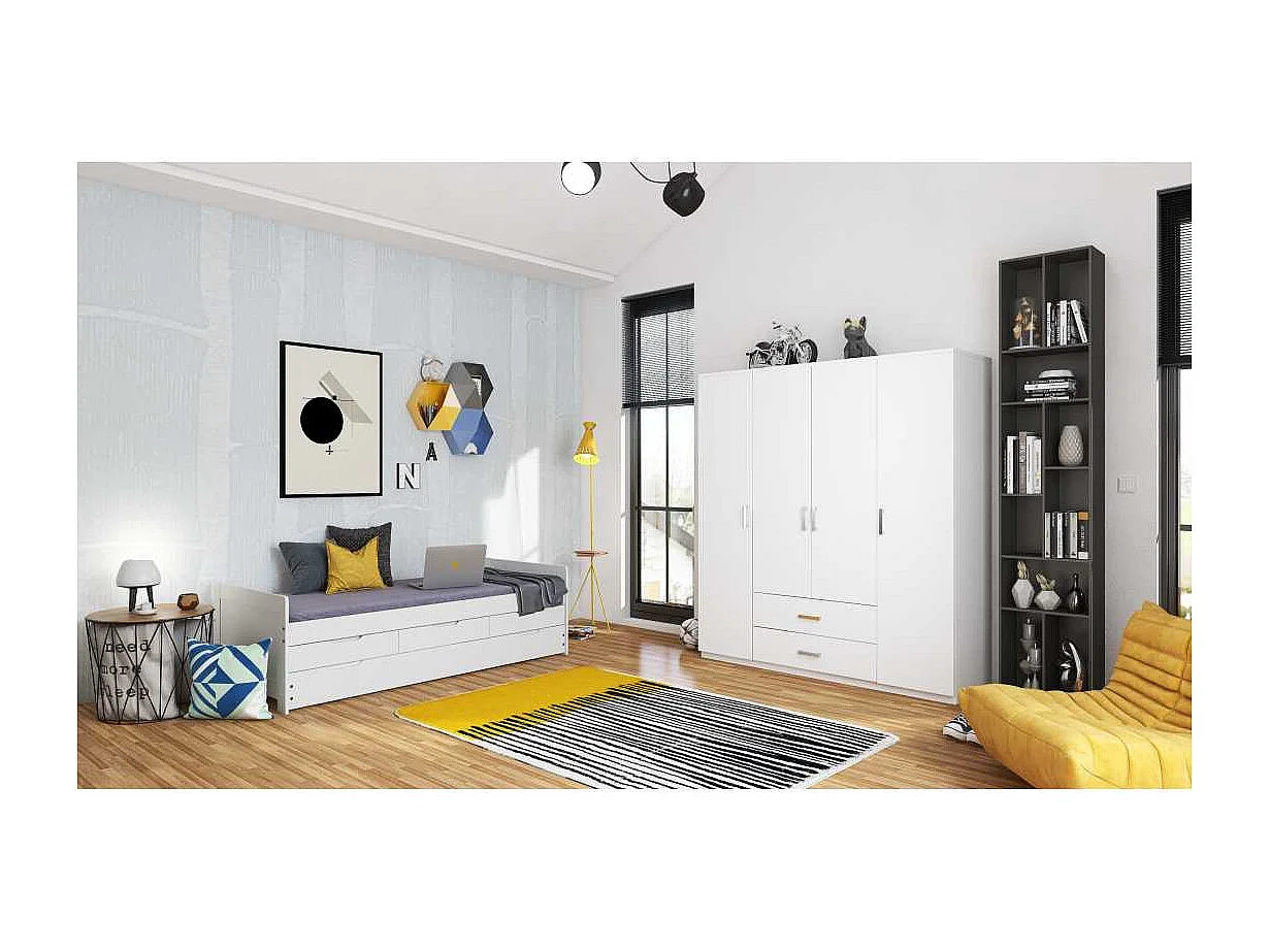 Lit Gigogne 3 Tiroirs & Sommier "Emy" 90x200cm Blanc