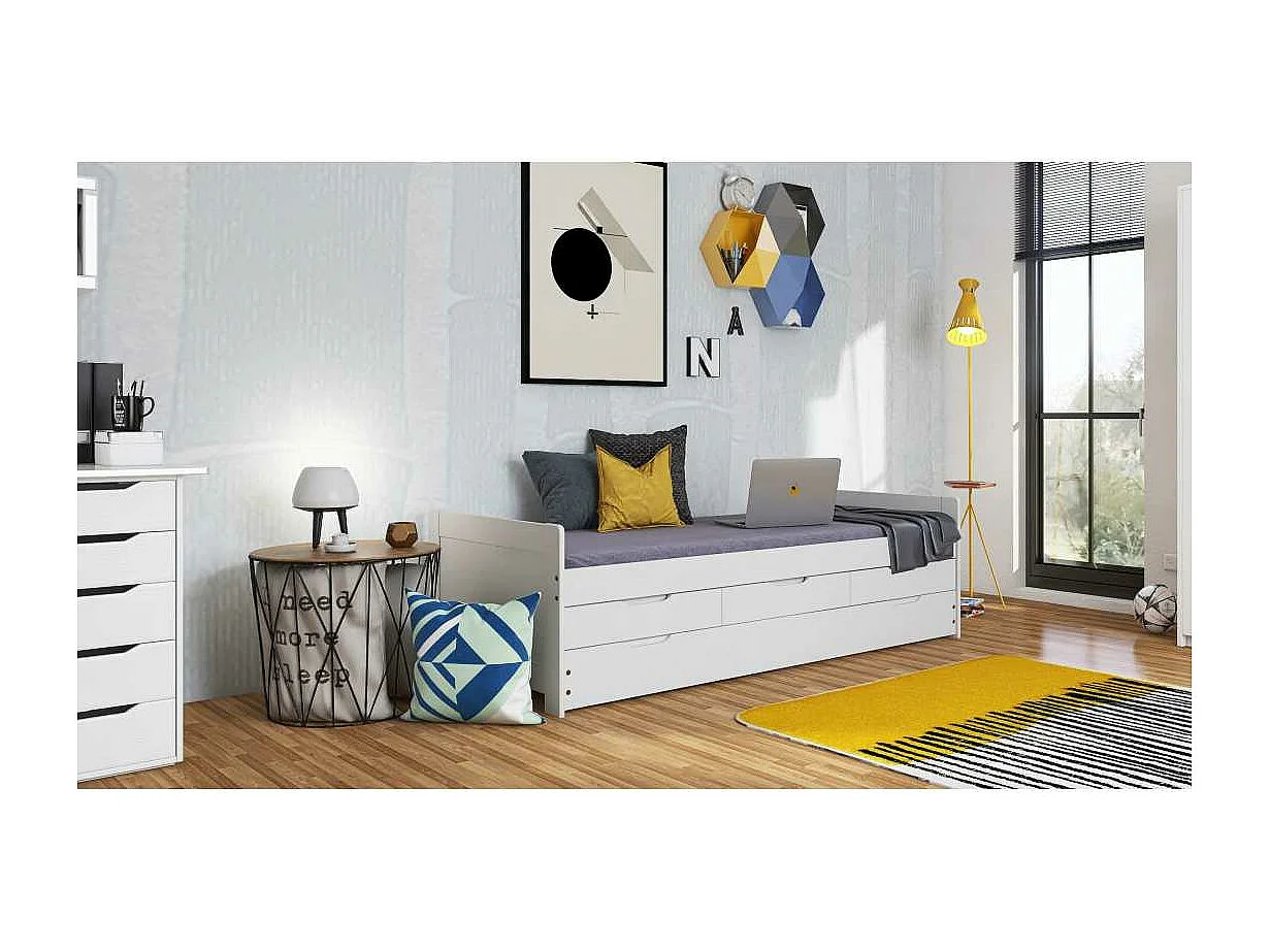 Lit Gigogne 3 Tiroirs & Sommier "Emy" 90x200cm Blanc