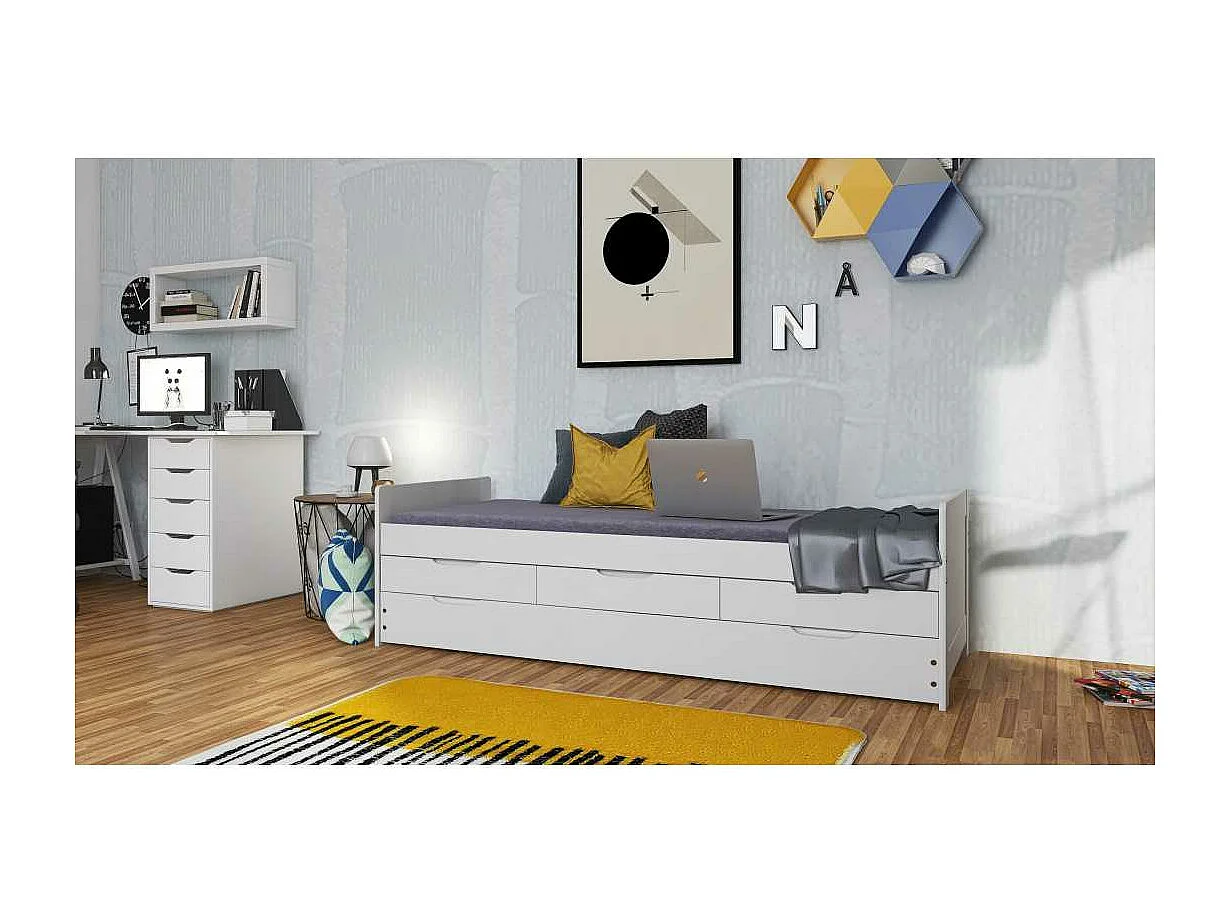 Lit Gigogne 3 Tiroirs & Sommier "Emy" 90x200cm Blanc