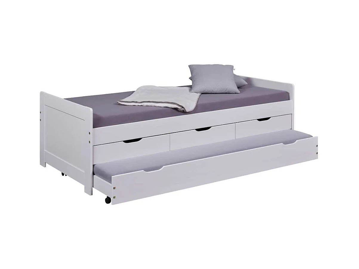 Lit Gigogne 3 Tiroirs & Sommier "Emy" 90x200cm Blanc