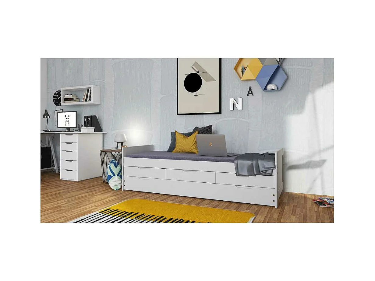 Lit Gigogne 3 Tiroirs & Sommier "Emy" 90x200cm Blanc