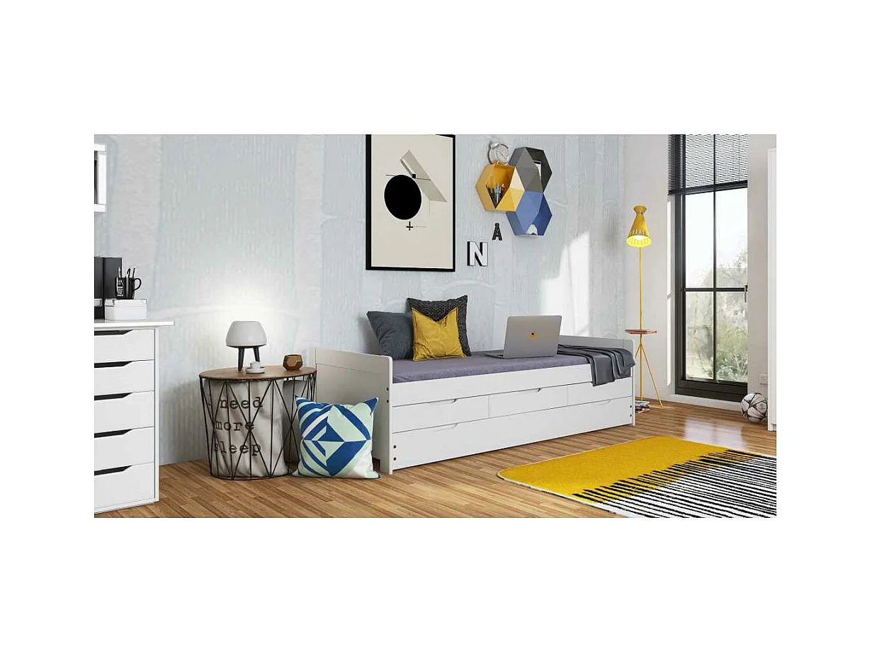 Lit Gigogne 3 Tiroirs & Sommier "Emy" 90x200cm Blanc