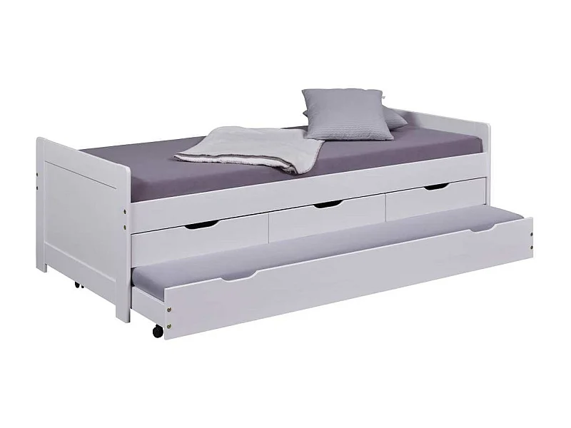 Lit Gigogne 3 Tiroirs & Sommier "Emy" 90x200cm Blanc