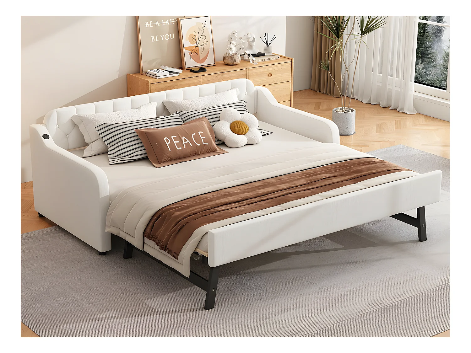 Onderschuifbed 90x200cm - met USB-poort - Linnen stof - Beige