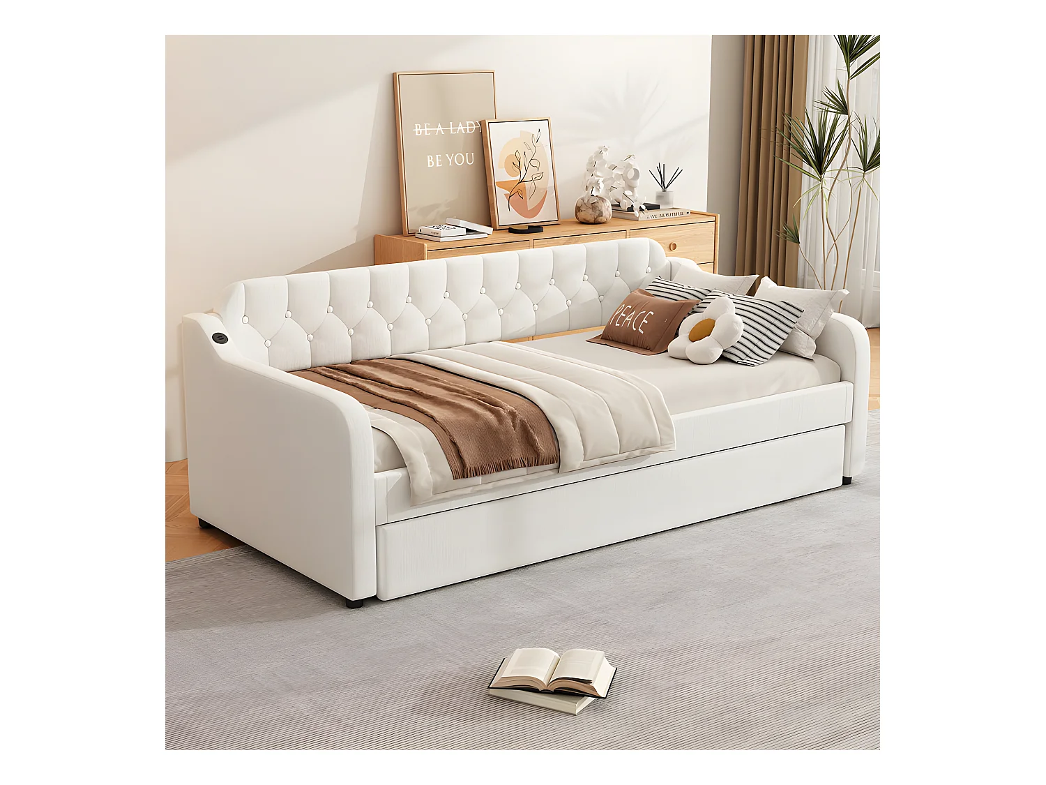 Cama nido 90x200cm - con puerto USB - Tela lino - Beige
