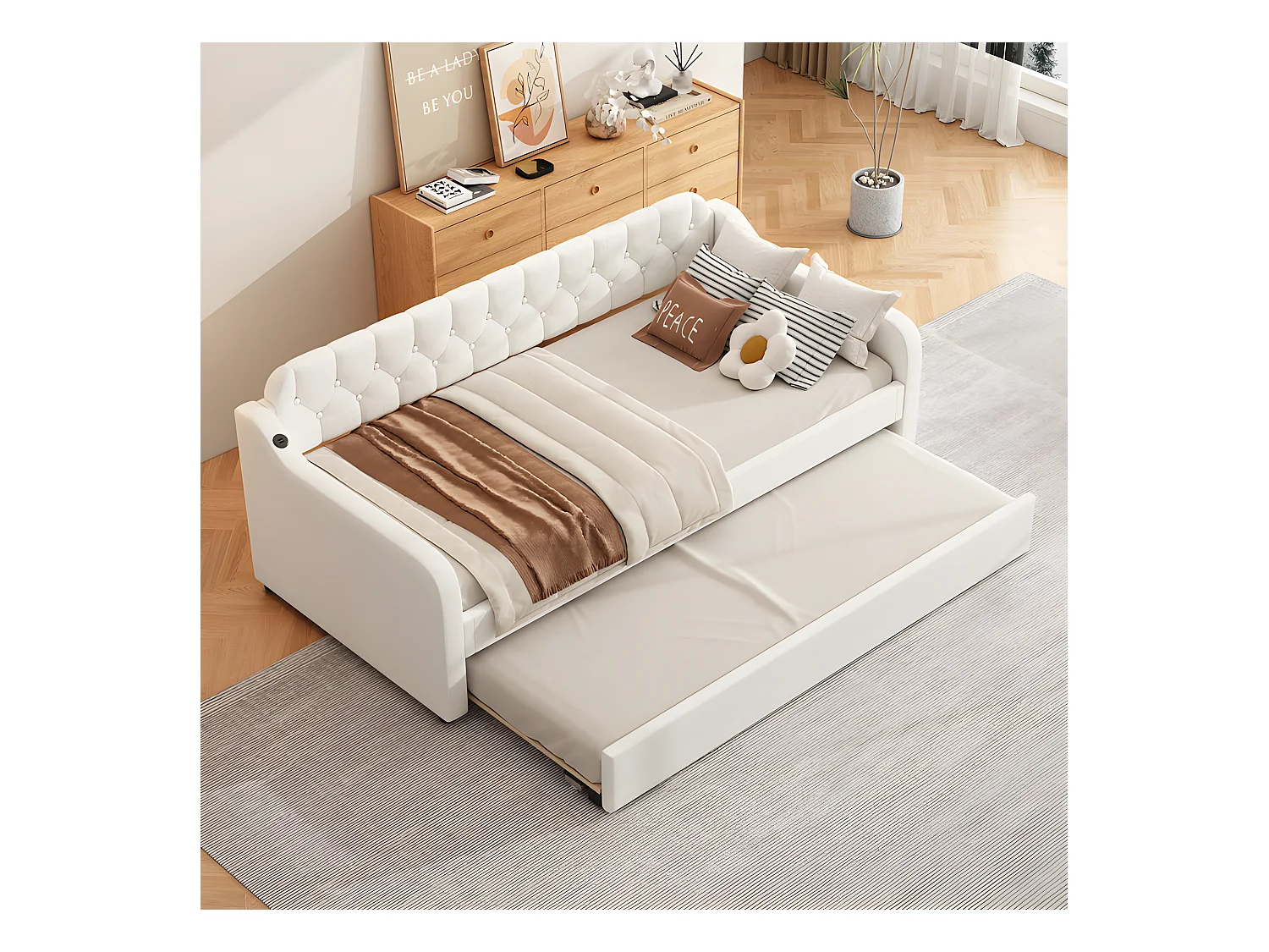 Cama nido 90x200cm - con puerto USB - Tela lino - Beige