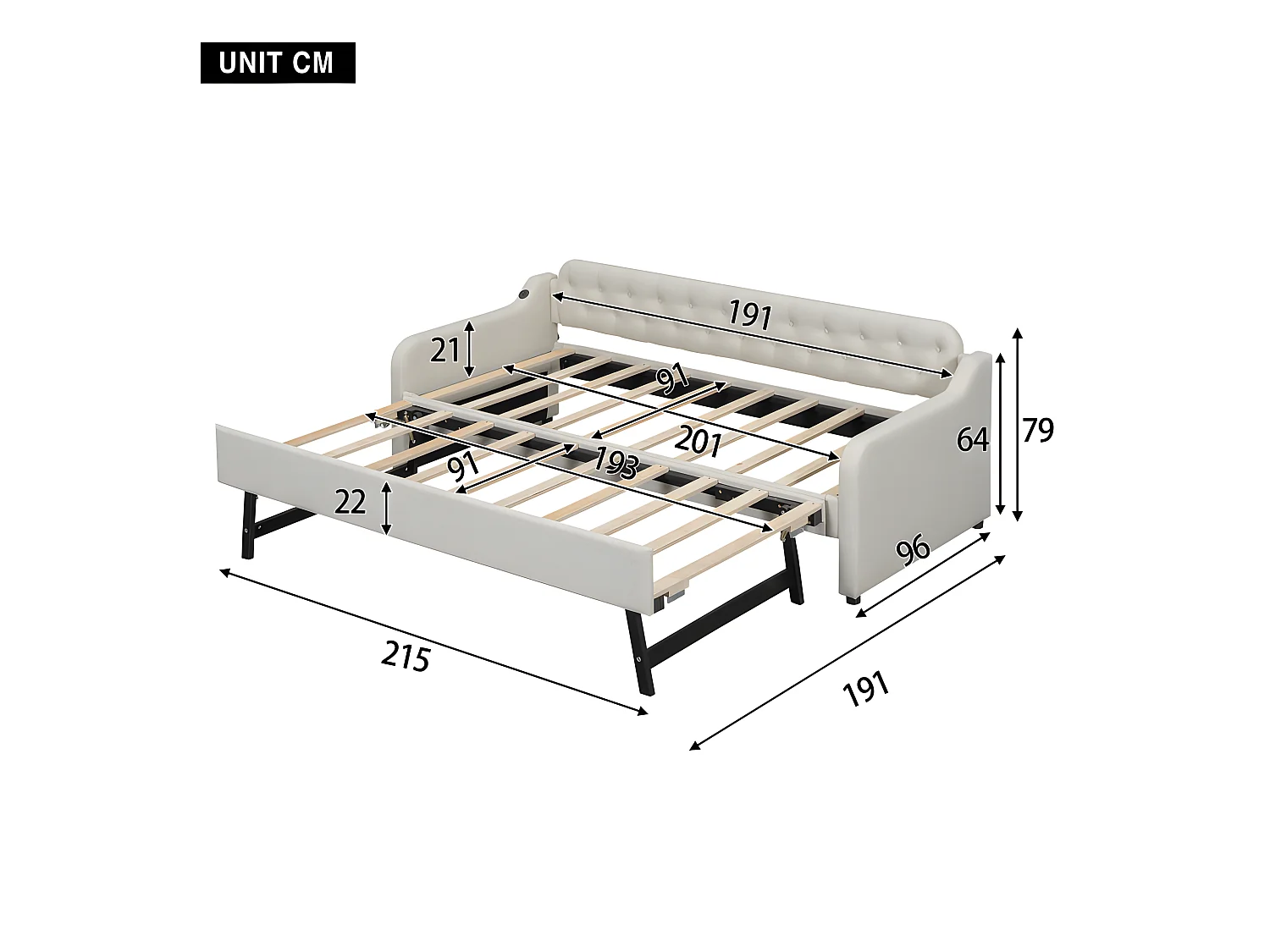 Cama nido 90x200cm - con puerto USB - Tela lino - Beige